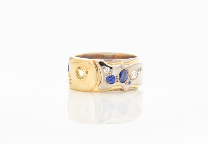 River Ring with Yellow Diamond and Sapphires